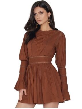 Free People Bronze Victorian Wasted Embroidered Lace Mini Boho Long Sleeve Dress